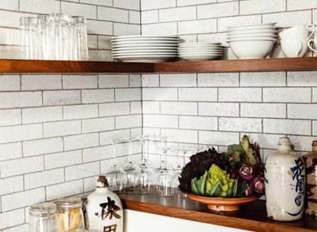 Floating wooden corner kitchen shelves