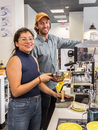 Sam de Burgh and Maggie's Farm Espresso Barista Preparing Coffee for Customers